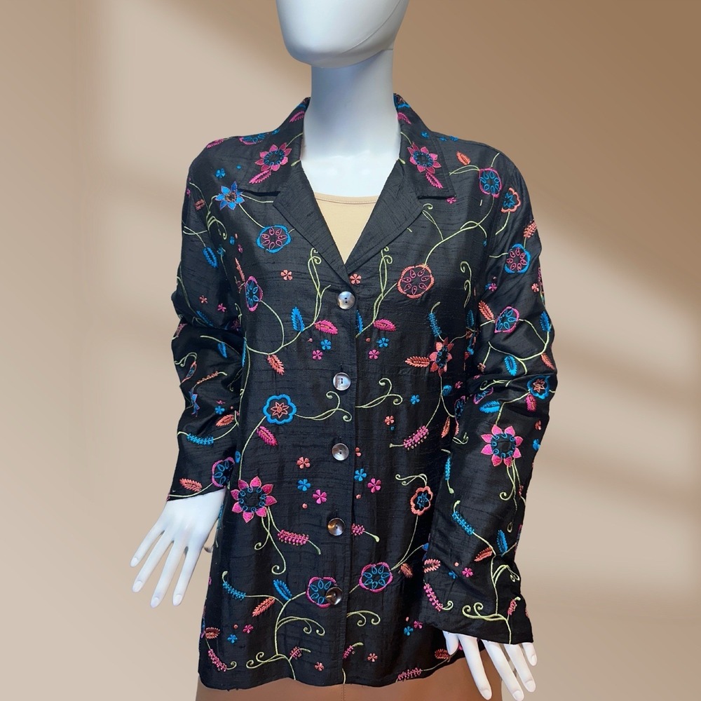 Laura Ashley Women's Silk Lined Embroidered Black Button Down Jacket Sz Large